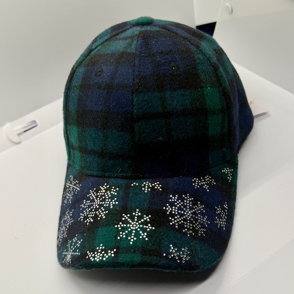 Plaid Green and Blue Women's Hat with Snowflake Design - Picture 10 of 11